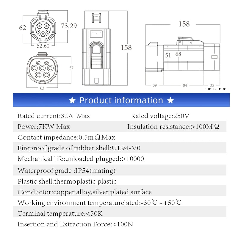 Ev Type1 to Type2 EV Charger Adapter 32A EV Charger Connector SAEJ1772 Socket Type 1 for Charging Type 2 Electric Vehicles