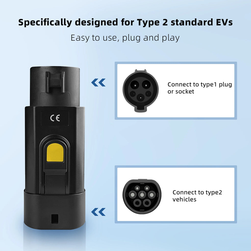 Ev Type1 to Type2 EV Charger Adapter 32A EV Charger Connector SAEJ1772 Socket Type 1 for Charging Type 2 Electric Vehicles